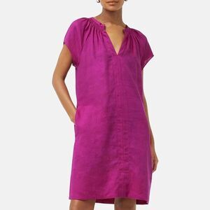 JIGSAW Pink Fuchsia Smocked Linen Mini Dress size 6 Short Sleeve